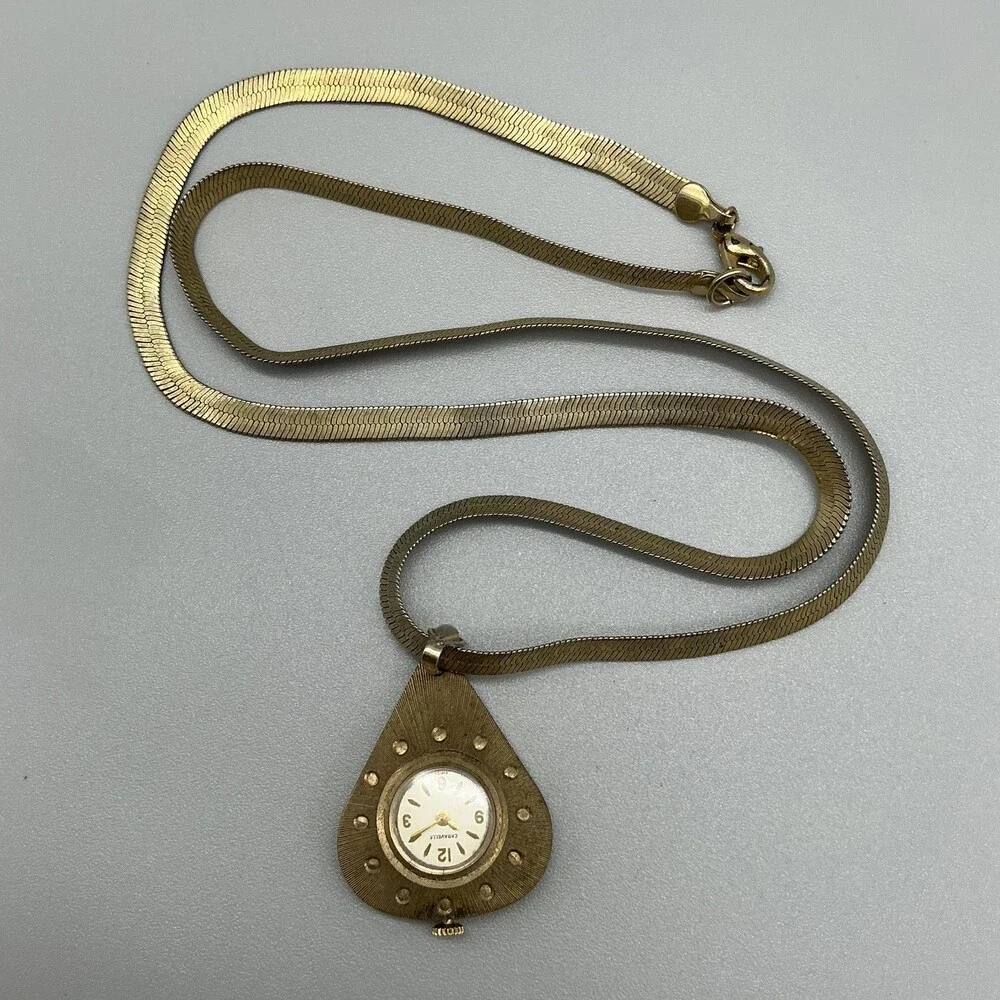 Vintage Caravelle Pendant Necklace Watch Womens 27mm Gold Tone Manual Wind Swiss